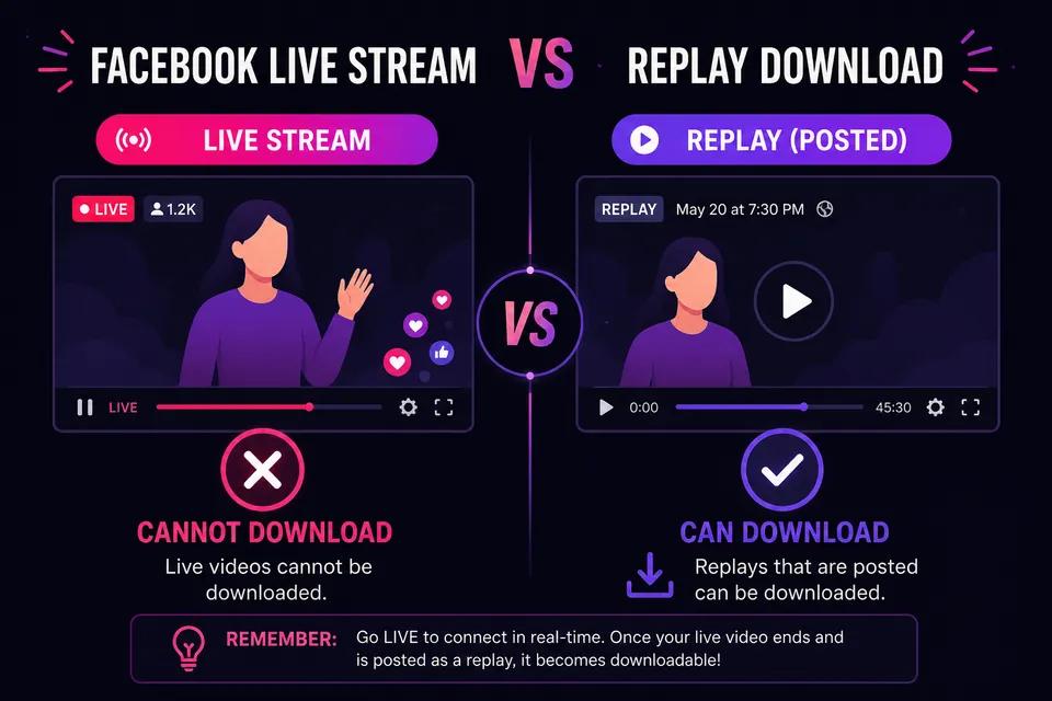 Comparison infographic: downloading live stream vs replay on Facebook