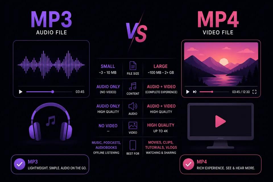 Comparison infographic: MP3 audio-only vs MP4 video download from YouTube