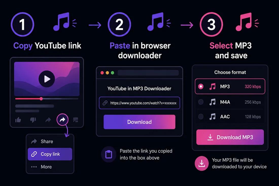 Three-step diagram: copy YouTube link, paste into ClipSaver, download MP3 audio file