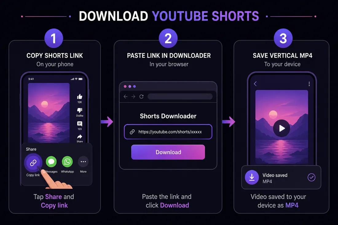 Three-step diagram: copy YouTube Shorts link, paste into ClipSaver, download vertical MP4