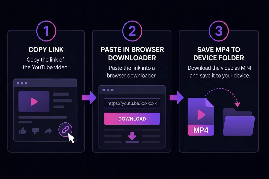 Three-step diagram: copy YouTube link, paste into ClipSaver, save MP4 or MP3
