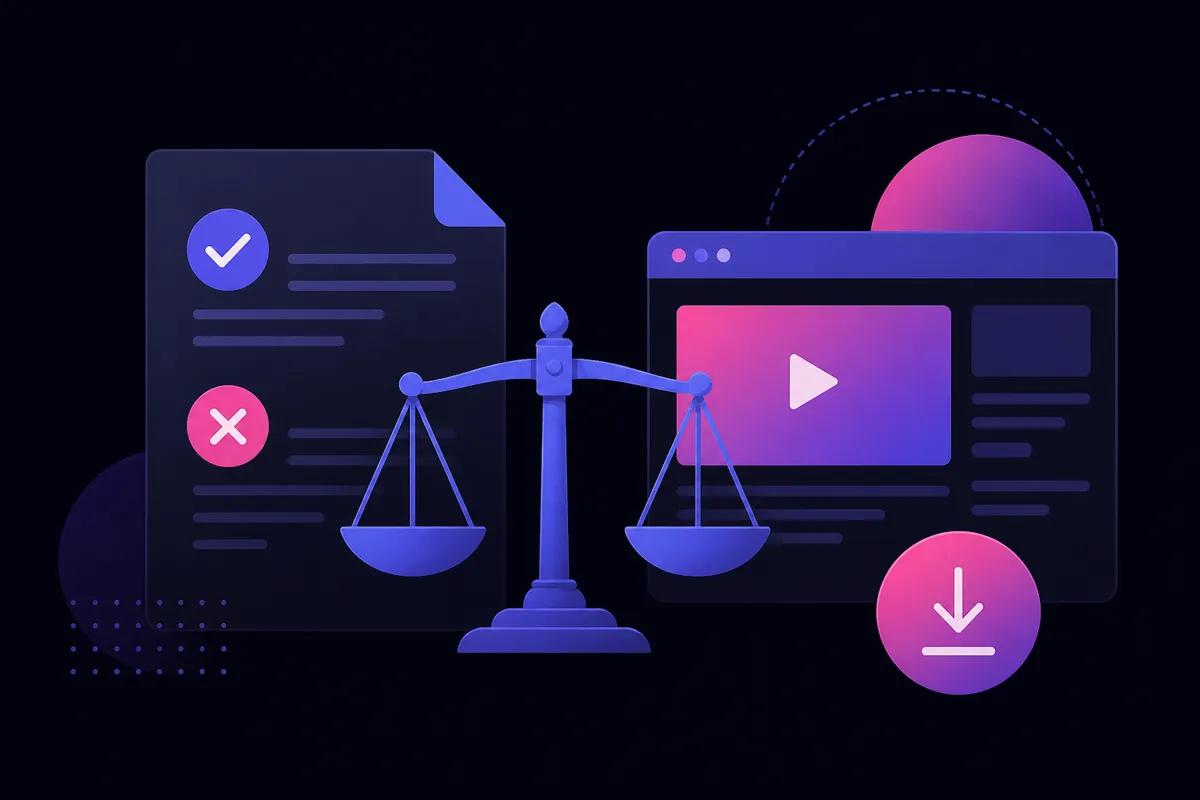 Illustration about YouTube video download legality with scale of justice and document icons