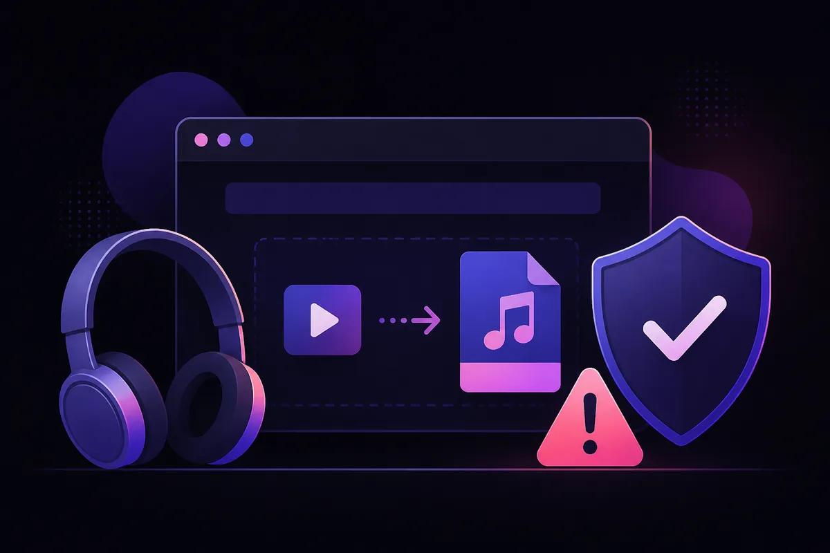 Illustration of YouTube to MP3 converter safety with shield icon and headphones