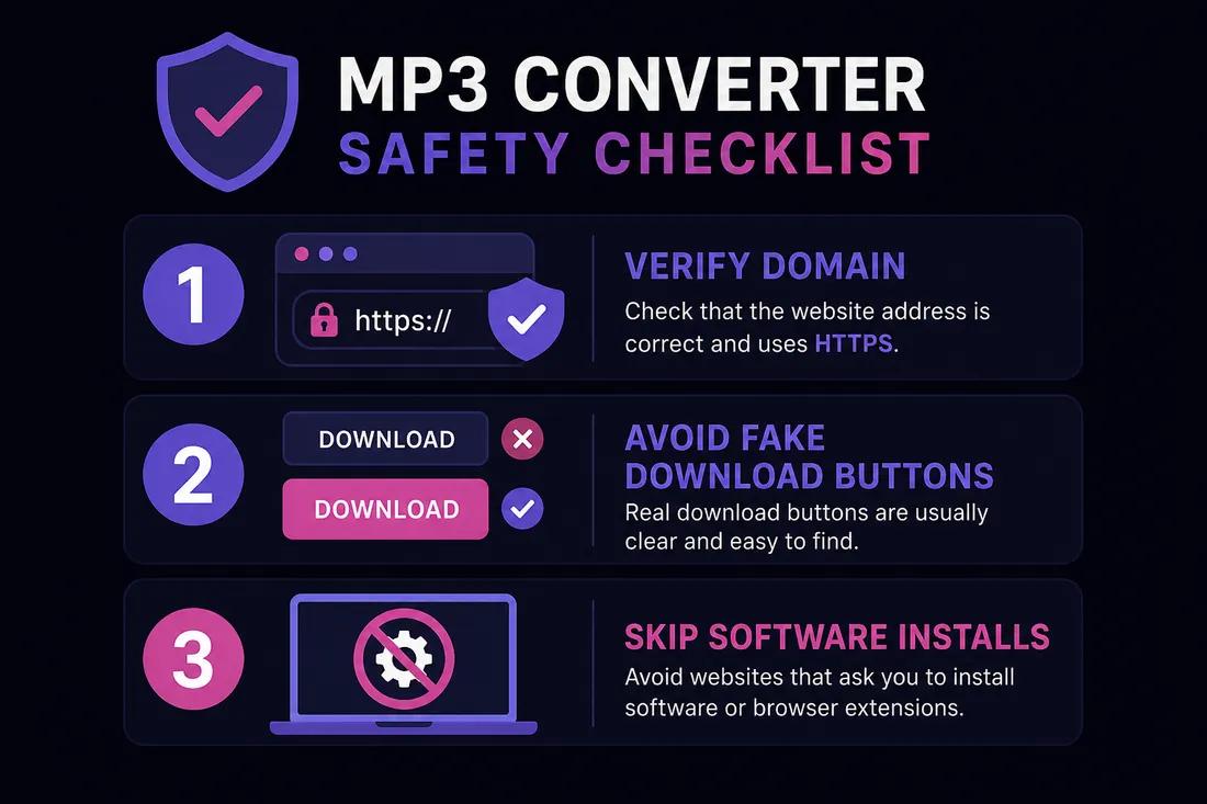 Safety checklist: spot fake download buttons, avoid software installs, verify the domain on MP3 converter sites